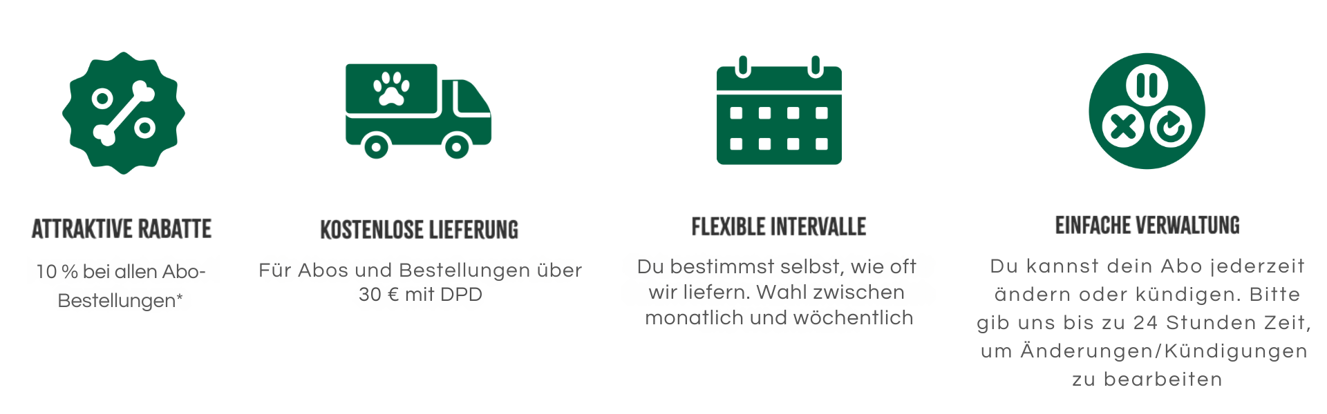 great value, 25% off all subscriptions*; free delivery direct to your door & easy tracking; flexible for you, choose your frequency; easy to manage, update, pause , cancel anytime; helpful team to guide you through the process